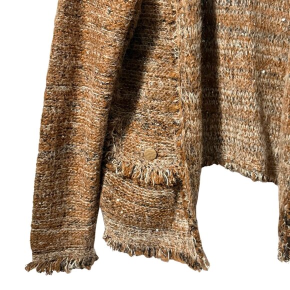 Sioni Brown Tan Textured Fringe Cardigan L w/ Sequins & Pockets - Picture 3 of 15